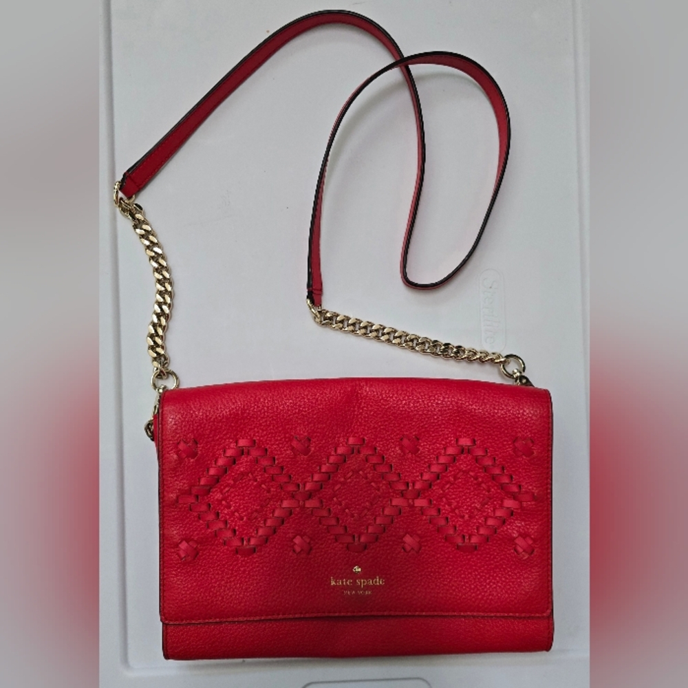 Kate Spade Flynn Red Leather Clutch Cross Body 10 x 7.5 x 1.25 - Picture 3 of 17
